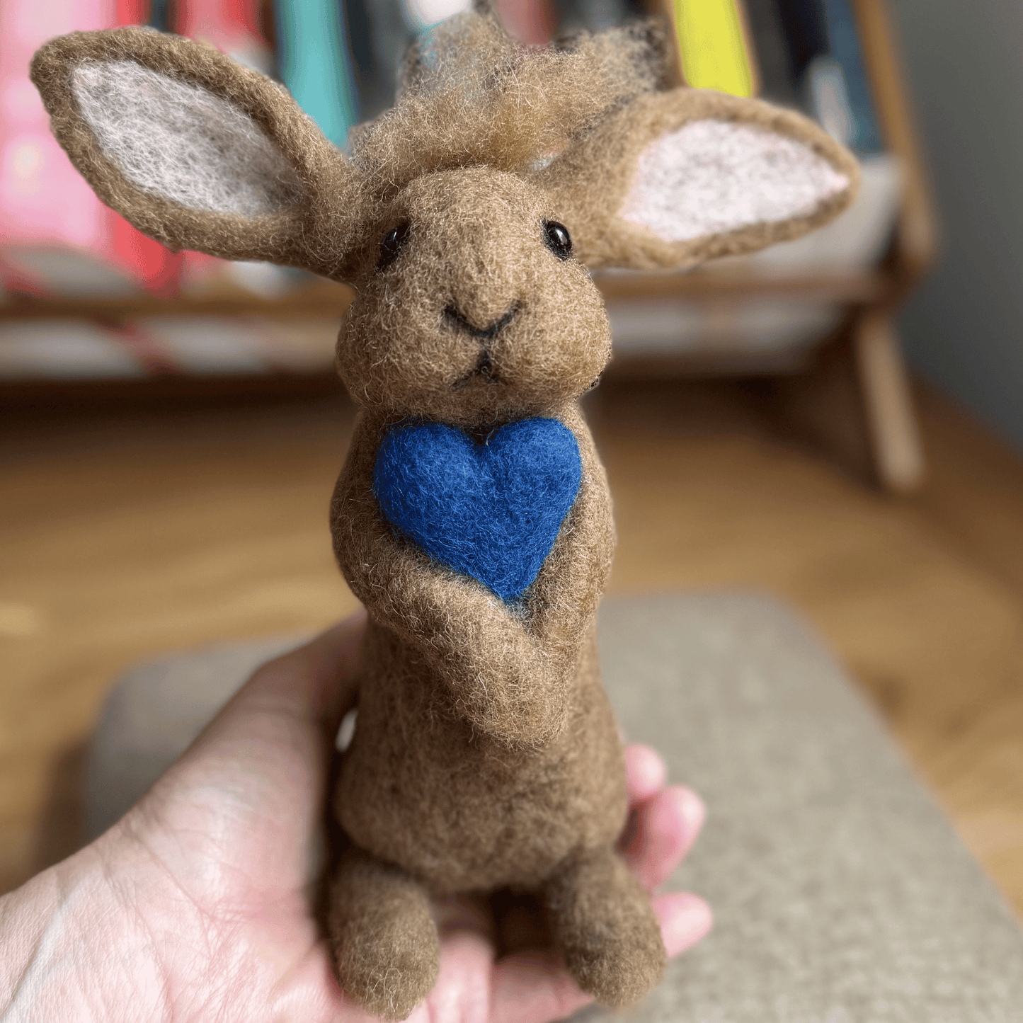 Tufted Blue Heart Rabbit (7.5") - Needle Felted Wool Rabbit